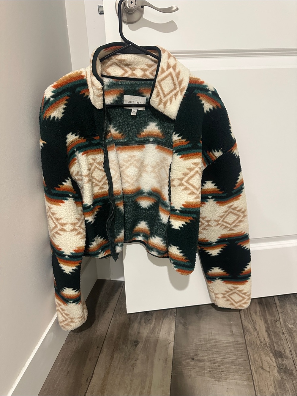 Love Tree Aztec Sherpa Zip Jacket in Green, Cream & Brown